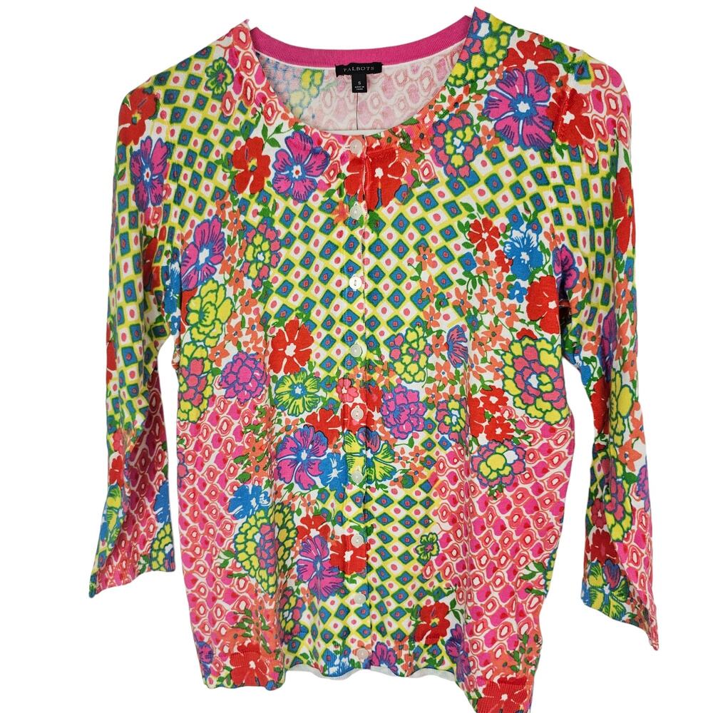 Talbots Womens Floral Sweater Size S Crew Neck Artsy Vibrant Cottagecore Garden